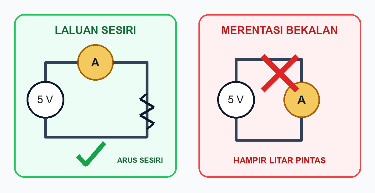 Litar sesiri yang selamat, dengan arus melalui ammeter, dibandingkan dengan sambungan ammeter yang tidak selamat terus merentasi sumber lima volt dan ditandakan sebagai hampir litar pintas.
