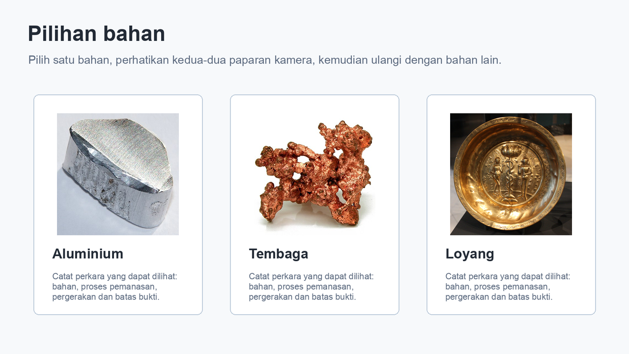 Tiga kad yang menunjukkan aluminium, tembaga dan loyang sebagai pilihan bahan yang tersedia.