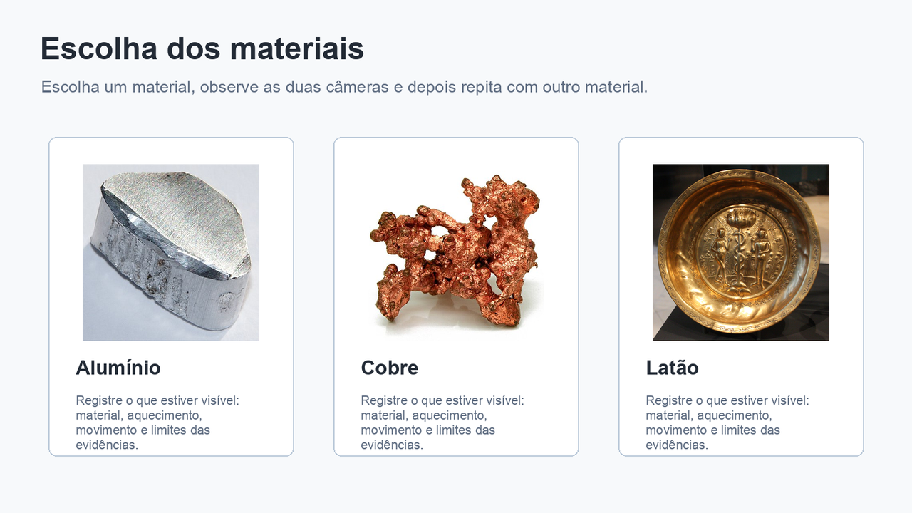 Três cartões que mostram alumínio, cobre e latão como opções de materiais disponíveis.