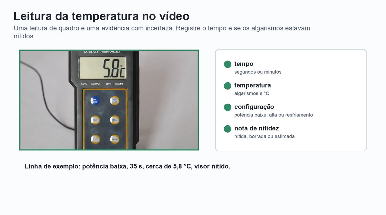 Quadro de referência do termômetro com uma lista de verificação para tempo, temperatura, configuração do ensaio e nota de nitidez.