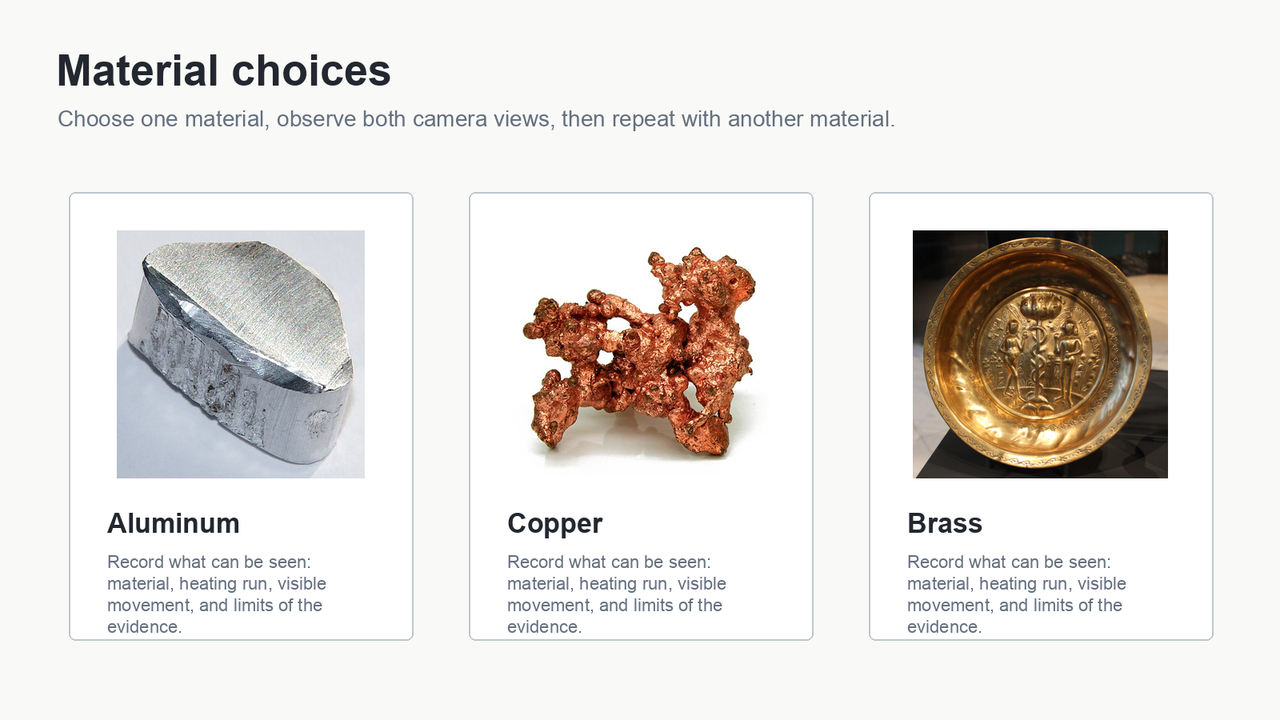 Three cards showing aluminum, copper, and brass as available material choices.