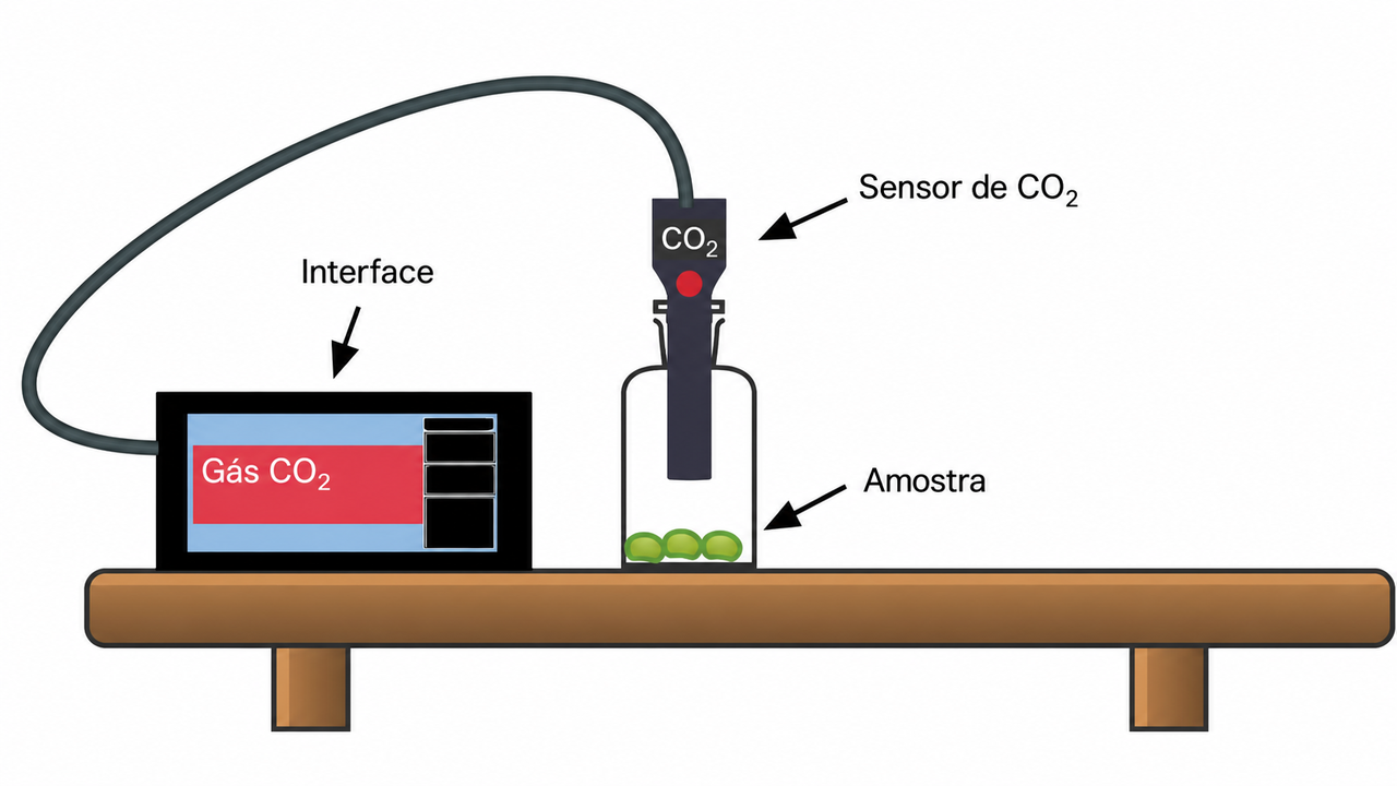 Diagrama do laboratório remoto de Respiração Celular com sementes dentro de uma câmara fechada, um sensor de gás CO₂ e uma interface de aquisição de dados.