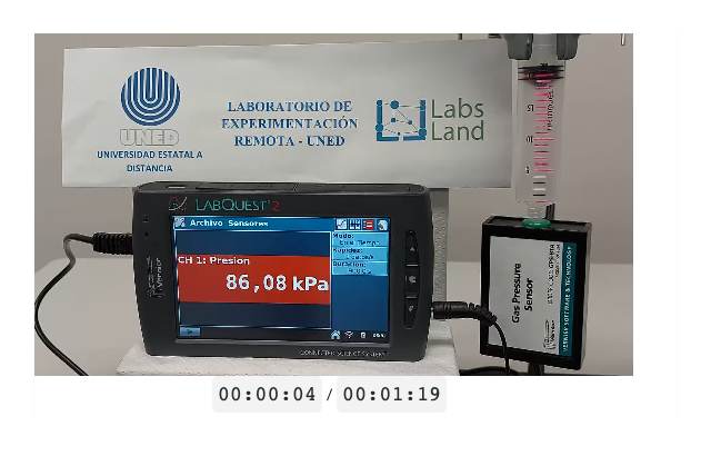 Captura del laboratorio remoto de Boyle de la UNED con una jeringuilla, sensor de presión de gas y pantalla LabQuest con presión.