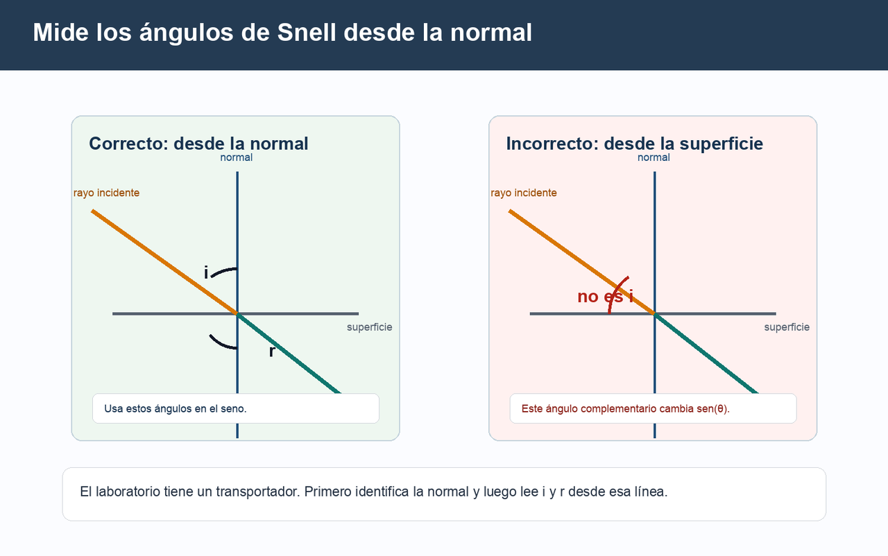 Diagrama que compara el ángulo correcto de la ley de Snell medido desde la normal con el ángulo complementario incorrecto medido desde la superficie.