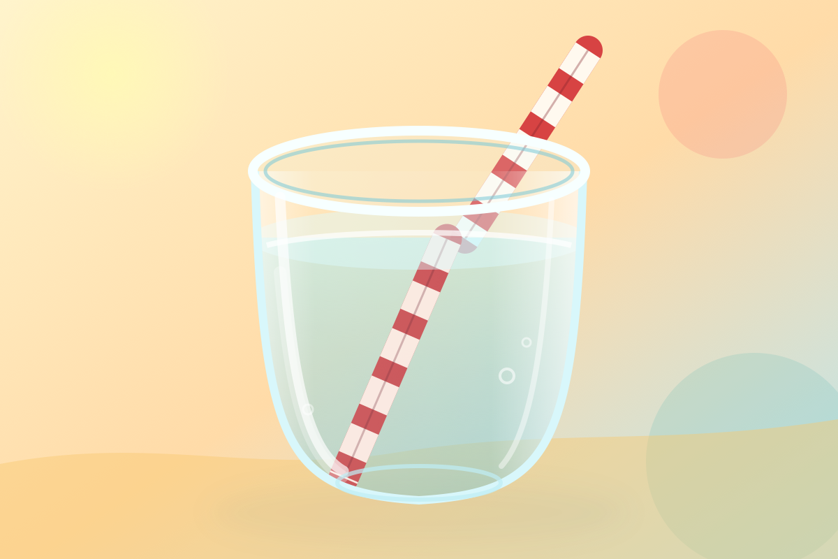 Ilustração de um canudo vermelho e branco dentro de um copo transparente. A parte submersa parece deslocada ao cruzar a superfície da água.