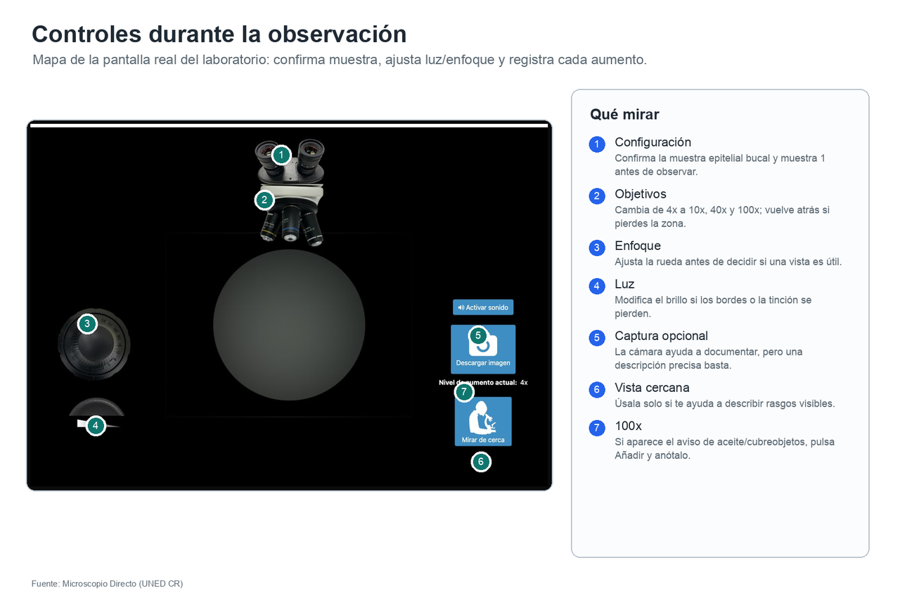 Captura anotada del laboratorio con selección de muestra, aumento, enfoque, brillo, vista cercana y aviso de preparación para 100x.
