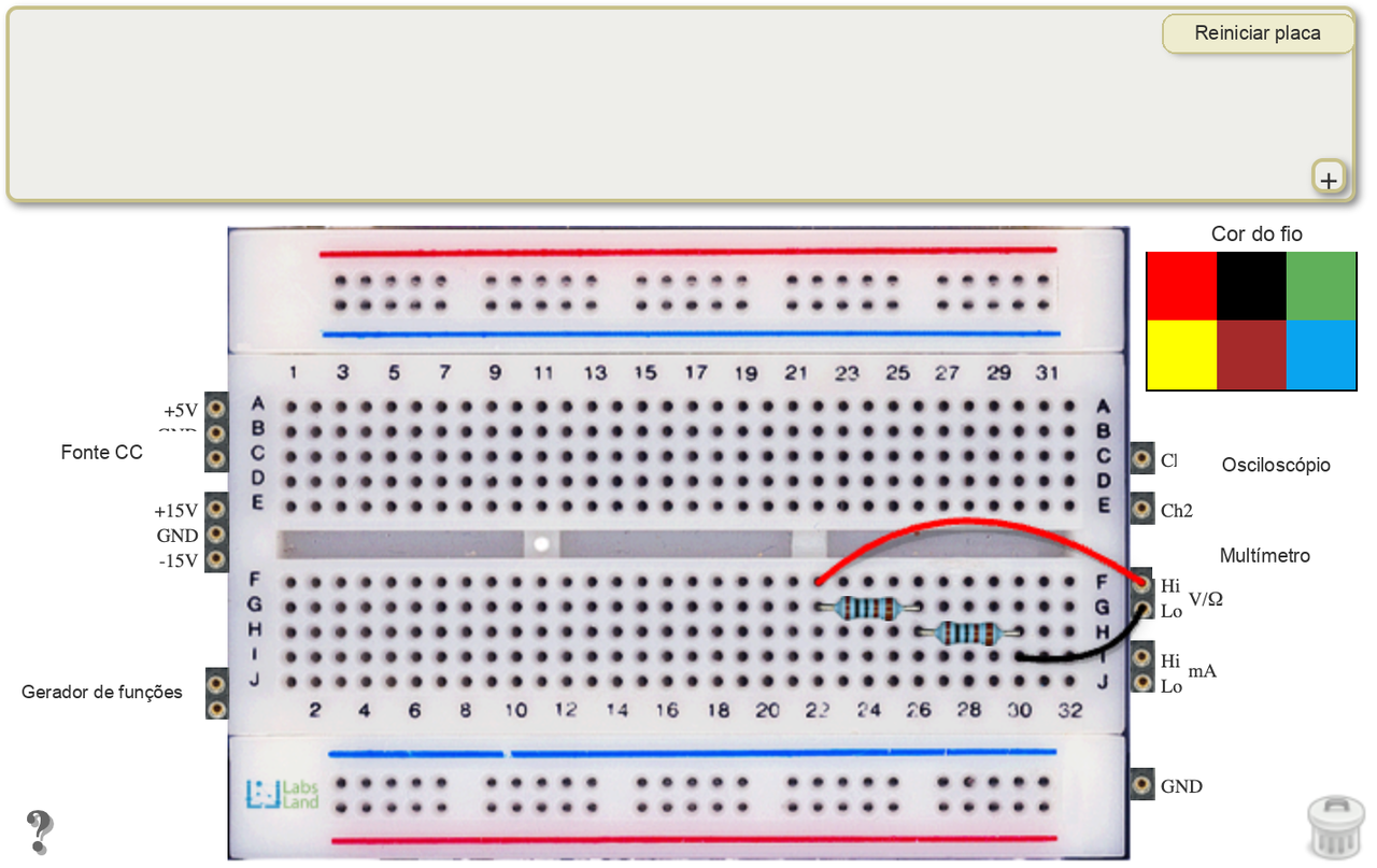 Protoboard do Hive com furos superiores de números ímpares, furos inferiores de números pares, dois resistores e os fios vermelho e preto do multímetro.