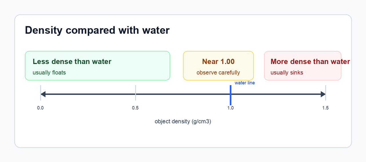 Diagram showing how object density below, near, or above water density connects to a floating prediction.