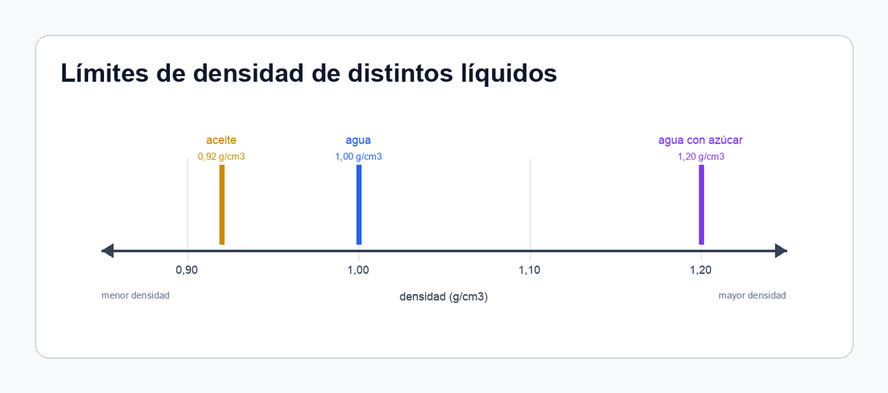 Diagrama de eje de densidad con los umbrales de aceite, agua y agua con azúcar.