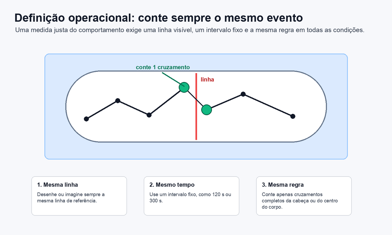 Diagrama que mostra uma planária cruzando uma linha de referência e três condições para uma medida justa: mesma linha, mesmo tempo e mesma regra.