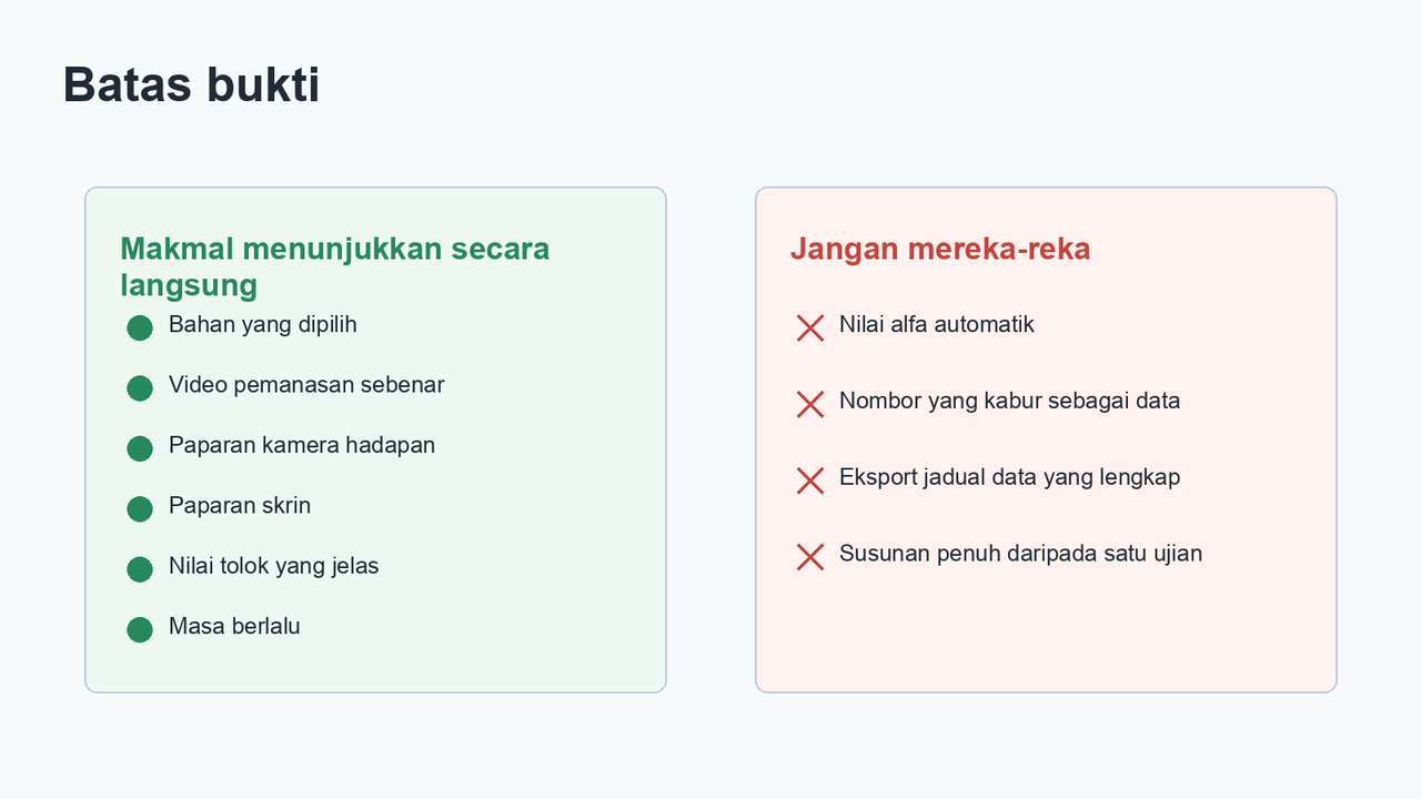 Panduan dua lajur yang menyenaraikan perkara yang ditunjukkan secara langsung oleh makmal dan perkara yang tidak patut direka oleh murid.