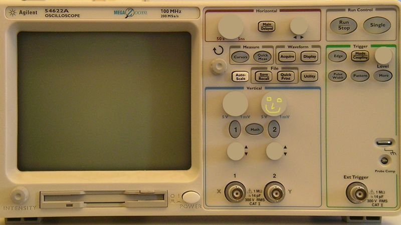 Front panel of the Hive oscilloscope with graticule display, vertical and horizontal controls, trigger controls, and input connectors.