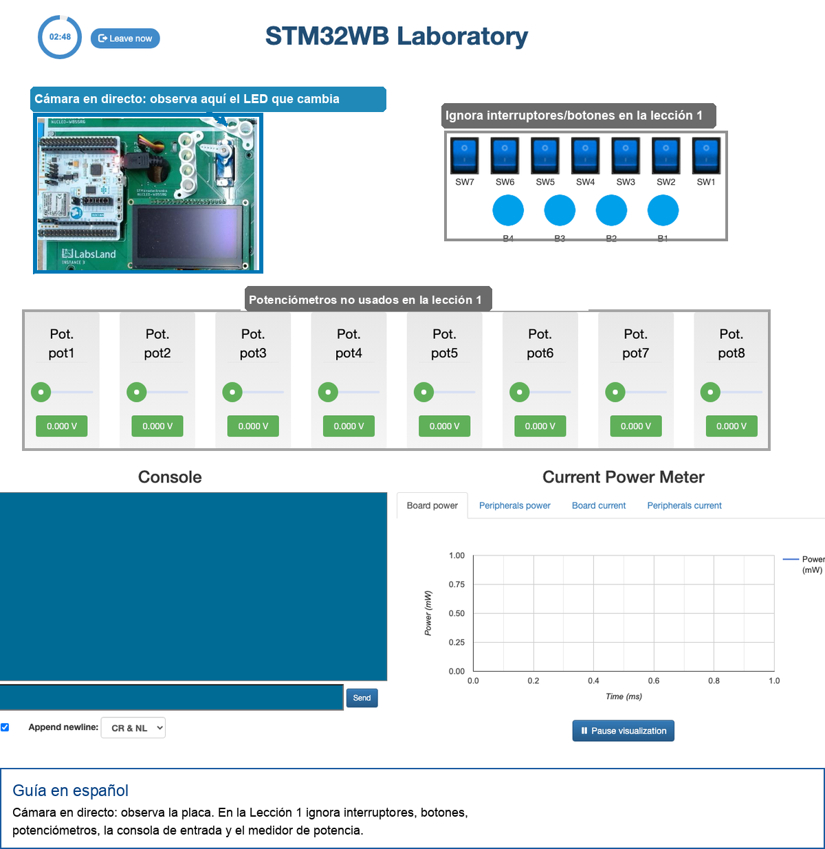 Captura anotada del laboratorio remoto STM32WB que muestra la zona de cámara en directo que se debe observar, interruptores y botones que se deben ignorar, potenciómetros que se deben ignorar, consola y medidor de potencia.
