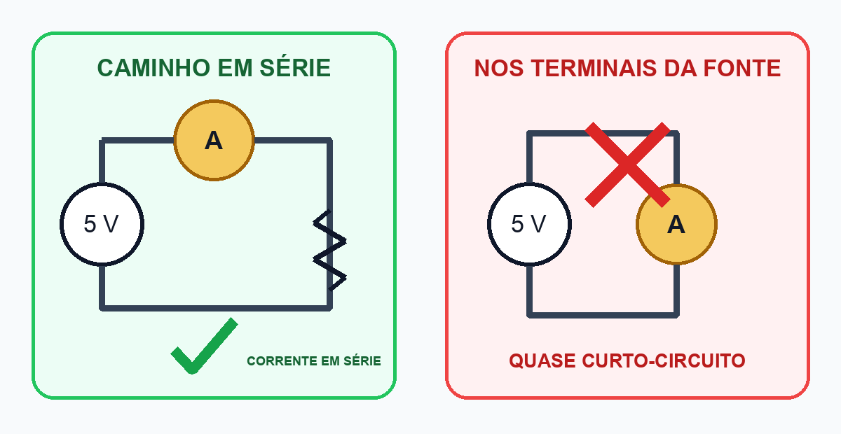 Um circuito seguro em série, no qual a corrente atravessa o amperímetro, é comparado a uma ligação insegura do amperímetro diretamente nos terminais de uma fonte de cinco volts, identificada como quase curto-circuito.