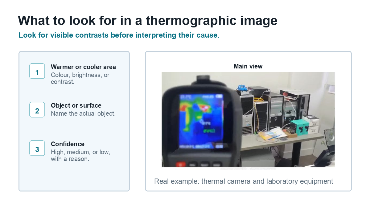 Visual guide with three points of focus: a warmer or cooler area, the actual object or surface, and the confidence level.