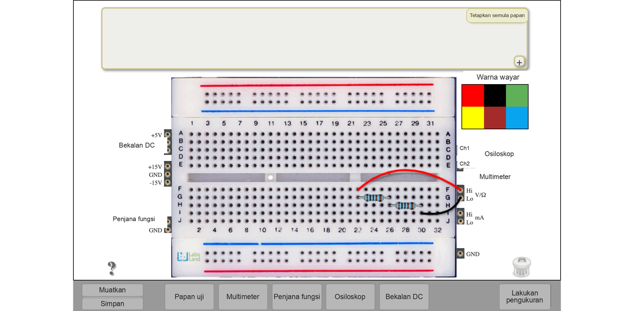Ruang kerja Hive yang disetempatkan dengan tab papan uji, multimeter, penjana fungsi, osiloskop dan bekalan DC serta butang Lakukan pengukuran.