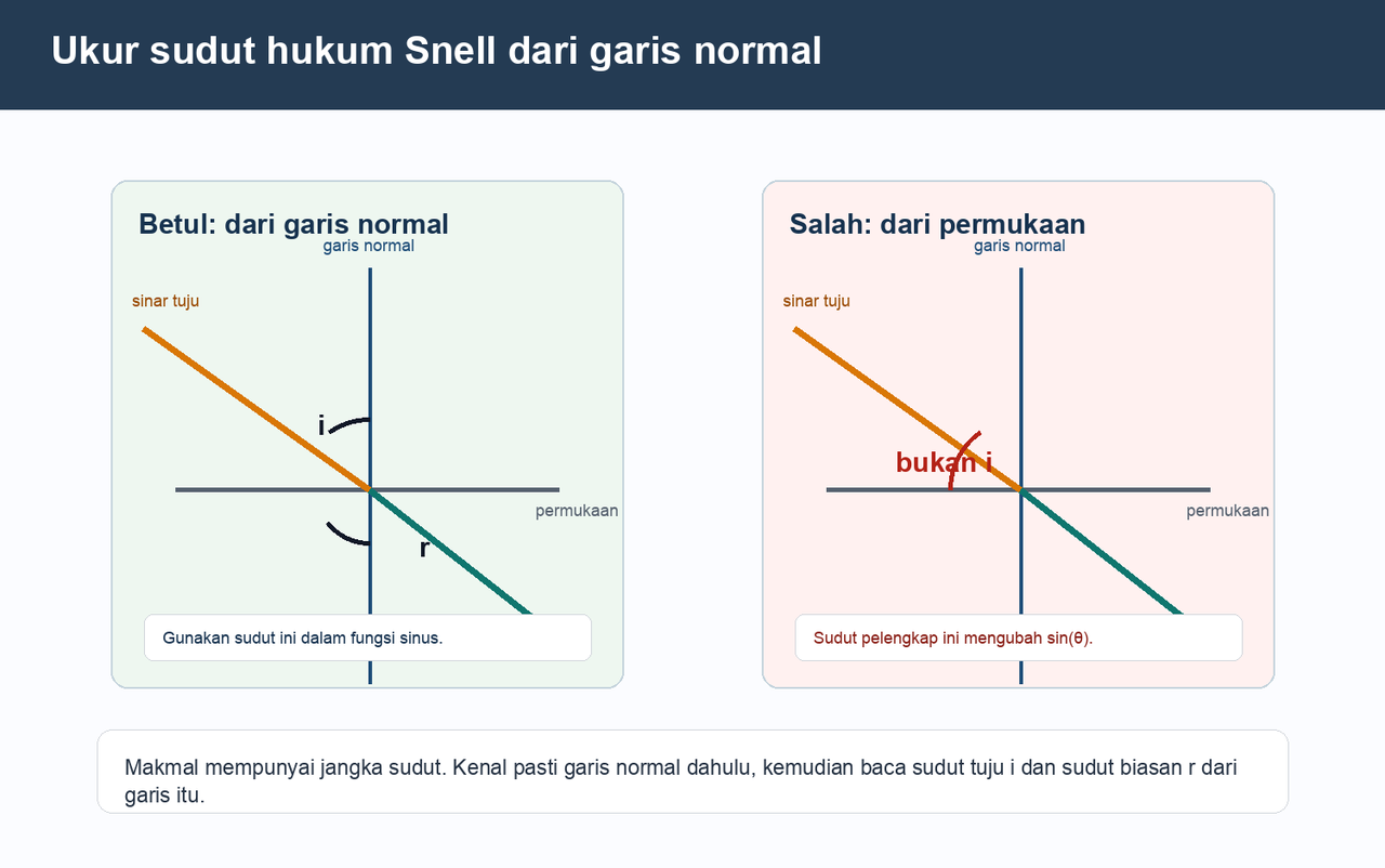 Rajah yang membandingkan sudut hukum Snell yang betul, diukur dari garis normal, dengan sudut pelengkap yang salah, diukur dari permukaan.