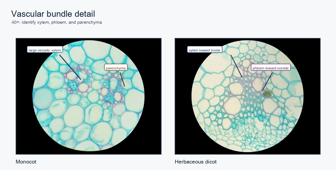 Two real 40x micrographs with search labels for xylem, phloem, and parenchyma in monocot and dicot stems.