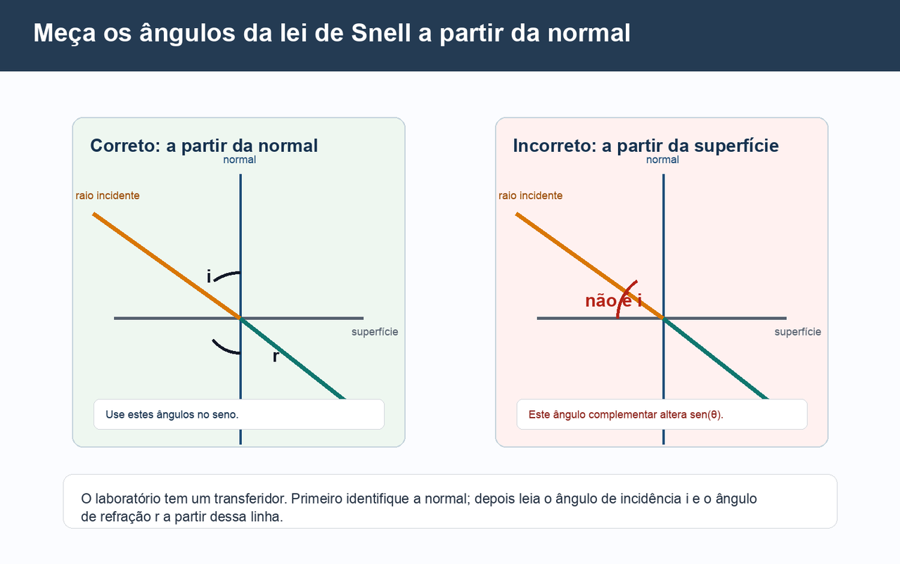 Diagrama que compara o ângulo correto da lei de Snell, medido a partir da normal, com o ângulo complementar incorreto, medido a partir da superfície.