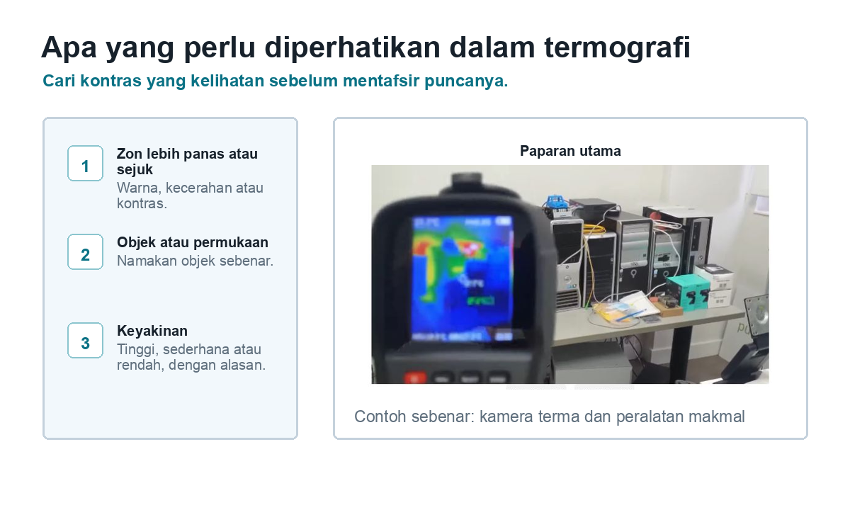 Panduan visual dengan tiga fokus pemerhatian: zon lebih panas atau lebih sejuk, objek atau permukaan sebenar dan tahap keyakinan.