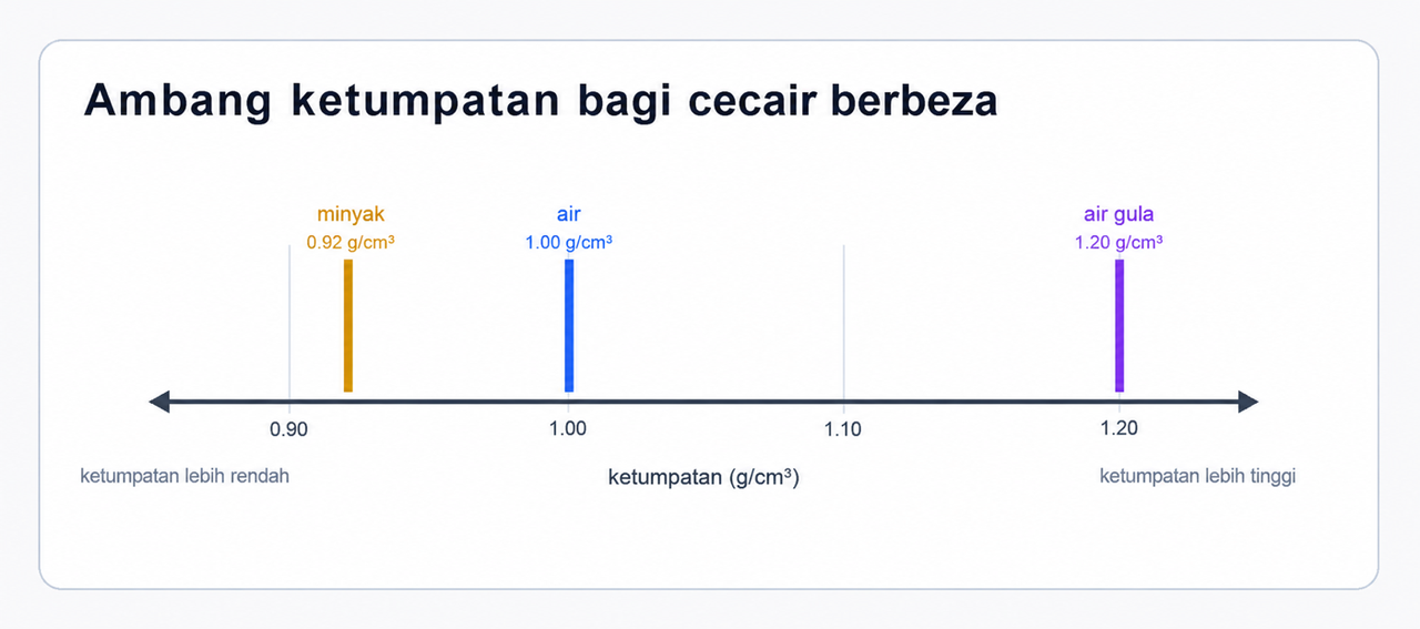 Rajah paksi ketumpatan yang menandakan ambang bagi minyak, air dan air gula.