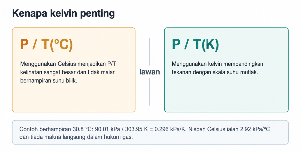 Perbandingan yang menunjukkan bahawa tekanan dibahagi suhu Celsius memberikan nisbah mengelirukan, manakala tekanan dibahagi suhu kelvin menggunakan skala mutlak.