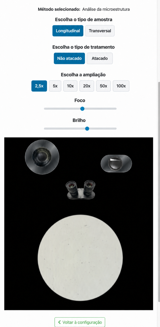 Tela de observação da microestrutura no Materials com Longitudinal, Não atacado e 2,5x selecionados, controles de foco e brilho e a micrografia no campo do microscópio.