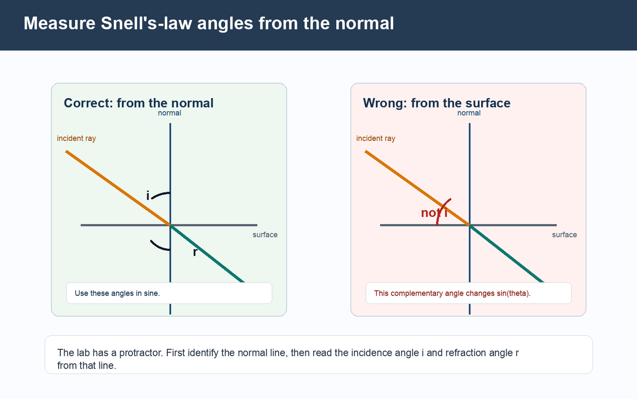 Diagram comparing the correct Snell's-law angle from the normal with the incorrect complementary angle from the surface.