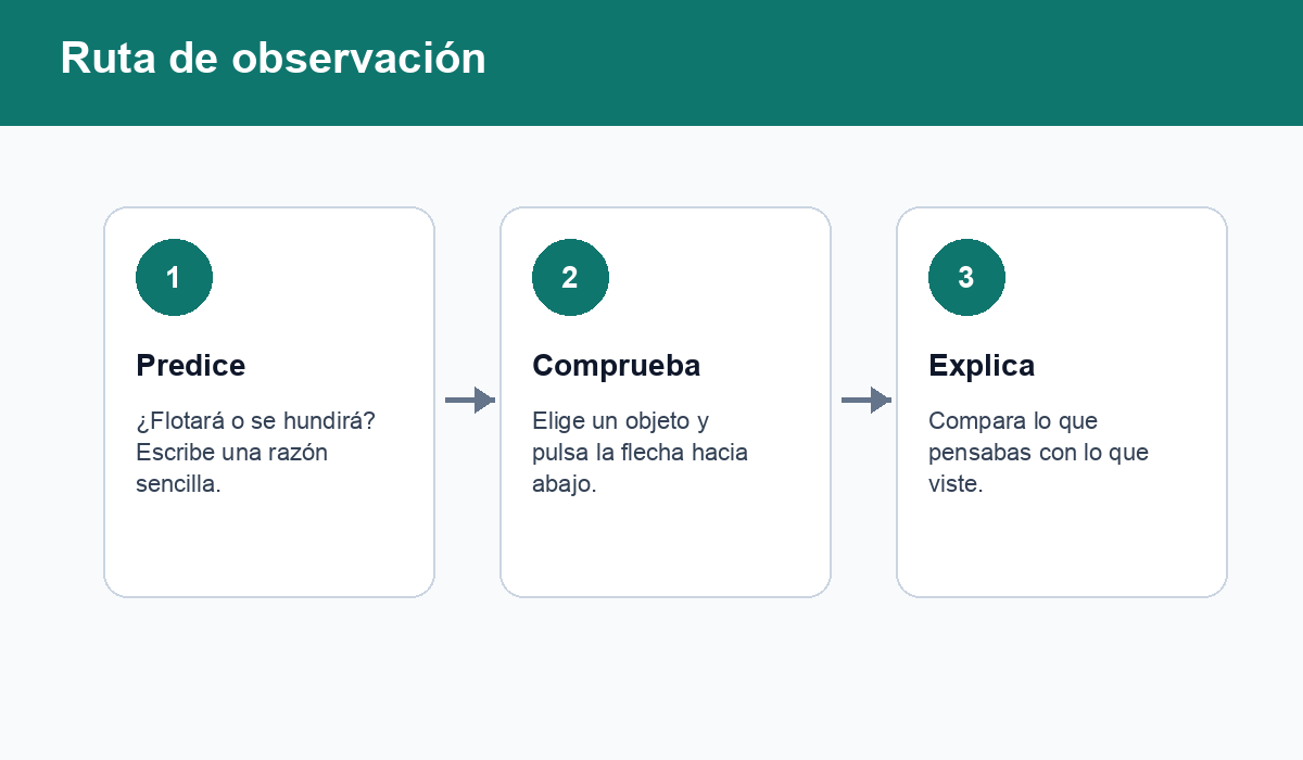 Ruta de tres pasos para primaria: predecir, probar en el laboratorio y explicar la observación.