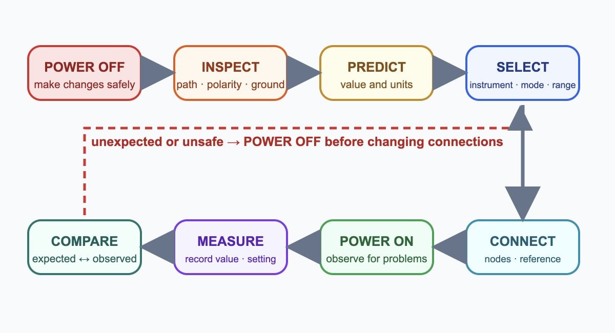 Flow diagram from power off through inspect, predict, select, connect, power on, measure, and compare, with unexpected or unsafe results returning to power off before connection changes.